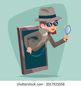 Woman snoop detective magnifying glass tec agent online mobile phone design cartoon vector illustration