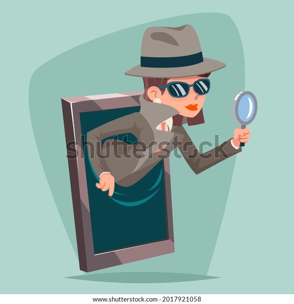 Woman snoop detective\
magnifying glass tec agent online mobile phone design cartoon\
vector illustration