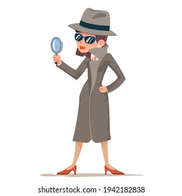 Woman snoop detective tec search evidence pursuit criminal follow the trail female design character vector illustration