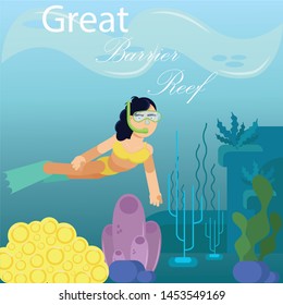 Woman snorkeling dive in the Great Barrier Reef,woman wear yellow bikini flat design,vector illustration