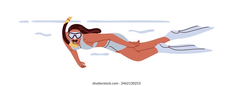 Mujer haciendo snorkel. Snorkeler femenino explorando bajo el agua con máscara y tubo de respiración. Nadador nadando bajo la superficie del mar. Actividad marina de verano. Ilustración vectorial plana aislada sobre fondo blanco