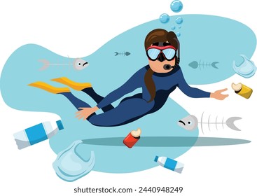 woman snorkeling with trash underwater illustration