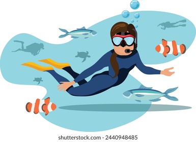 woman snorkeling underwater surrounded with fishes 