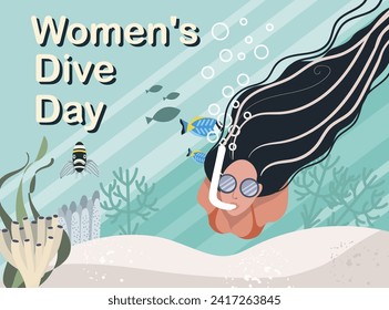 Esnórquel femenino. Día del Buceo Femenino. Mundo submarino del océano, mar, algas, peces.