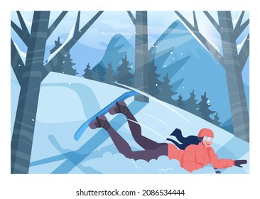 Woman In A Snow Bank. Snowboarder Fell Down A Hill Snowboarding. Snowboard Newbie Failure. Ski Resort Track. Winter Extreme Sport Activities. Flat Vector Illustration