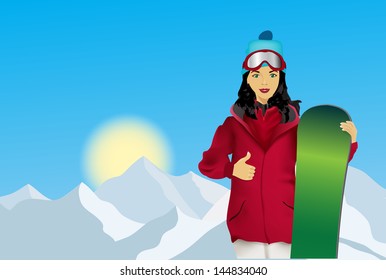 Woman with snowboard on a mountain background