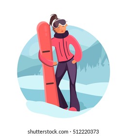 Woman with snowboard vector illustration. Cute girl in winter sport clothes. Girl in ski goggles. Flat style illustration of winter sport.