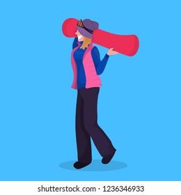 woman snowboarder holding snowboard winter vacation activity female cartoon character full length flat