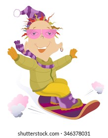 Woman snowboarder. Smiling snowboarder fills with joy from fast ride 