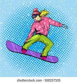 Woman snowboarding in mountains. Vector illustration in pop art retro style. Winter sports vacation concept. Girl jump with snowboard.