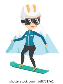 Woman snowboarding on the background of snow capped mountains. Snowboarder on piste in mountains. Woman snowboarding in the mountains. Vector flat design illustration isolated on white background.