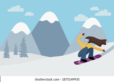 Woman snowboarding in the winter snowy mountains. Flat vector illustration. Snowboarder young woman character with board wearing goggles riding down the slope at ski resort. Copy space.