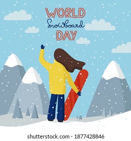 Woman snowboarding in the winter snowy mountains. Flat vector illustration. Snowboarder young woman character with board wearing goggles riding down the slope at ski resort. World snowboard day.