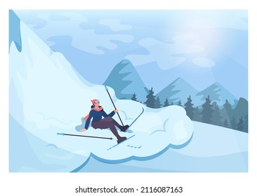 Woman in a snowdrift. Skier fell down from a slope. Ski newbie failure. Ski resort track. Winter extreme sport activities. Flat vector illustration