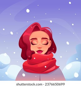 Woman in Snowfall. Winter Mood Concept. Girl in Winter Cloth. Falling Snowflakes. Hello Winter. Vector Illustration in Cartoon Style.