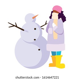woman with snowman on white background vector illustration design