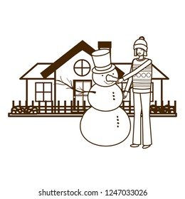 woman with snowman outside of the house