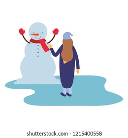 woman with snowman winter season