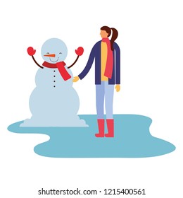 woman with snowman winter season