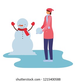 woman with snowman winter season