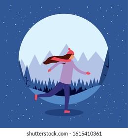 woman in snowscape practicing skating vector illustration design