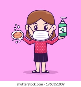 Mujer con jabón y sanitizador manual. usar máscara facial para protegerse de la propagación del virus. ilustración de dibujos animados de diseño plano