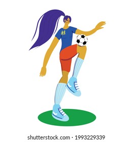 woman with soccer ball in flat style illustration.Women soccer.Soccer player