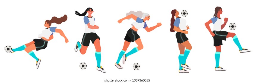 Woman soccer or football player. Flat vector illustration of girl team playing soccer or football isolated on a white background.