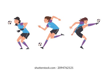 Woman Soccer or Football Player Kicking and Passing Ball Vector Set