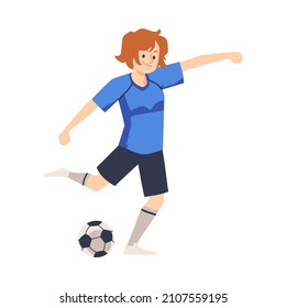 Woman soccer or football player scoring a goal, flat cartoon vector illustration isolated on white background. Woman playing professional soccer or football.