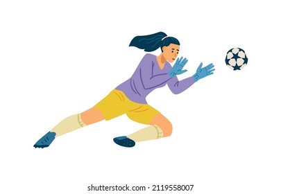 Woman soccer goalkeeper jump to save the goal, flat vector illustration. Female football player catch the ball, isolated on white background.