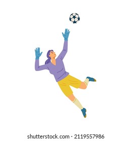 Woman soccer goalkeeper save goal, isolated on white background. Female football player jump and catch ball, flat vector illustration.