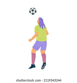 Woman soccer player head a ball, isolated on white background. Single female football player head shot. Flat vector illustration.