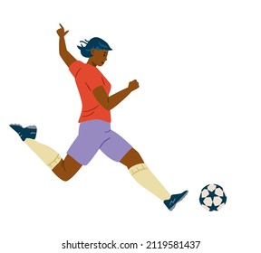 Woman soccer player of Indian heritage kick the ball, side view, isolated. Female football sport poster, flat vector illustration.