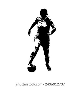 Woman soccer player. Isolated vector silhouette. Female playing football, front view