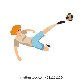 Woman Soccer Player Jump And Tackle, Kick The Ball. Women Football Activity Sport, Cartoon Vector Illustration. Soccer Girl Character Avatar.