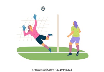 Woman soccer player kick the ball to score a goal, goalkeeper jump trying to save the ball. Football game scene, cartoon flat vector illustration.