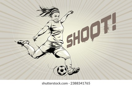 Woman Soccer Player Kicking Football. A Woman playing soccer Hand drawn illustration. Female playing football on the field line drawing.