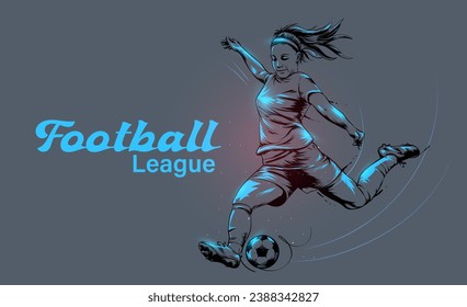 Woman Soccer Player Kicking Football banner on dark background. A Woman playing soccer Hand drawn illustration. Female Player playing football league on the field.