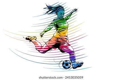 Fußballspielerin, die Fußball tritt. Eine Frau spielt Fußball Hand gezeichnet farbenfrohe Illustration. Weiblich spielt Fußball auf dem Feld bunte Linie Zeichnung auf isoliertem Hintergrund.