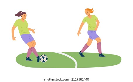 Der weibliche Fußballspieler übergibt den Ball an den Teamkollegen. Trainingsszene für Frauen im Fußball. Mädchen spielen Fußball, Streichholz oder Spiel flache Vektorgrafik.