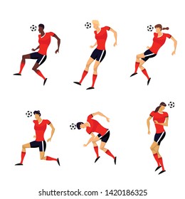 Woman Soccer Players set in action. Football girls play game people characters. Vector illustration set.
