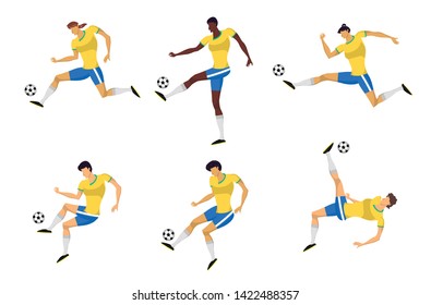 Woman Soccer Players set in action. Football girls play game people characters. Vector illustration set.