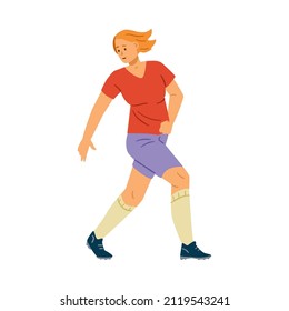 Woman soccer sport training. Female run in soccer uniform and look back, isolated on white background. Flat vector illustration.