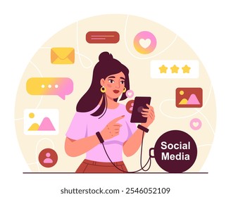 Mulher com vício em mídias sociais. Menina com kettlebell na coleira. Problemas mentais e psicológicos. Vício em Internet e gadgets. Depressão e frustração. Ilustração de vetor plano