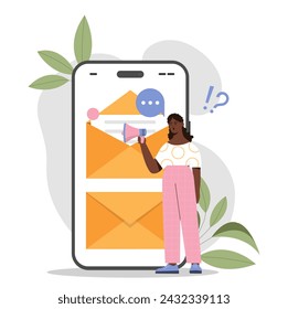 Woman with social media promotion. Young girl near smartphone with new message. Envelope with letter. Marketing on internet. Cartoon flat vector illustration isolated on white background