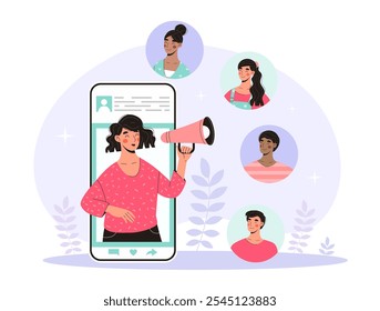 Mulher nas mídias sociais. Menina jovem com alto-falante na tela do smartphone. Publicidade e marketing. Promoção na Internet e ligação de referência. Ilustração de vetor plano isolada no plano de fundo branco