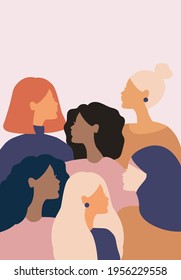 woman social network community. group of multi ethnic racial women who talk and share ideas, information. communication and friendship between women of diverse cultures. vector female silhouette