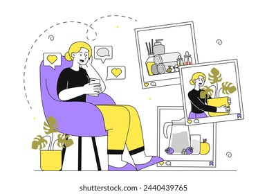 Frau mit sozialen Netzwerken linear. Junge Mädchen mit Smartphone sitzt am Stuhl. Interessante Inhalte im Internet. Online-Kommunikation. Doodle flache Vektor-Illustration isoliert auf weißem Hintergrund