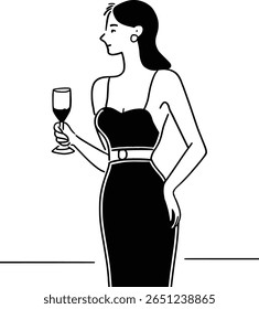 A woman socializing at a party or reception with a wine glass in hand. Black and white sketch for illustrating celebrations, anniversaries, or fine dining.